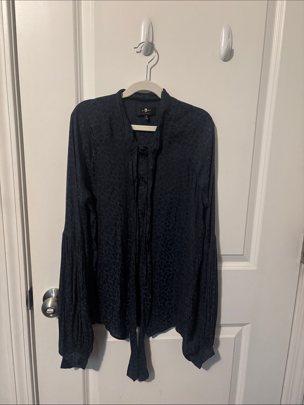 7 For All Mankind Dark Navy Textured Tie-Neck Button-Down Blouse
